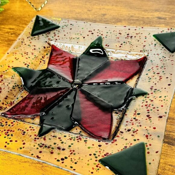 Fused Glass Signed Christmas Star Plate Serving Square Green Red Speckled 9” - Picture 9 of 12